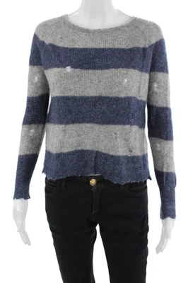 Pullover Otoño Cachemira Mujer Azul Oscuro Rayas Cuello Redondo Cachemira Seda Talla S Foto 1 de 4