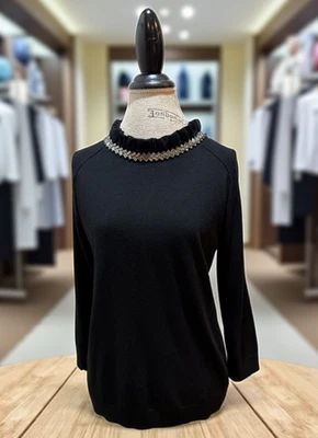 Talbots Petite Black Knit Beaded Ruffle Collar Cashmere Blend Top Women's Sz LP - Image 1 of 4