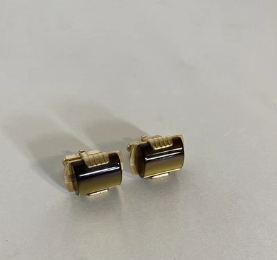 Anson Tigers Eye Cufflinks Vintage Gold Fill Textured Frame Men's Formal Wear - Image 1 of 3