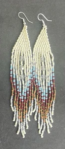 Boho Western weiß türkis braun Saatperlen Perlen Ohrringe Fransen Quaste lang - Bild 1 von 5