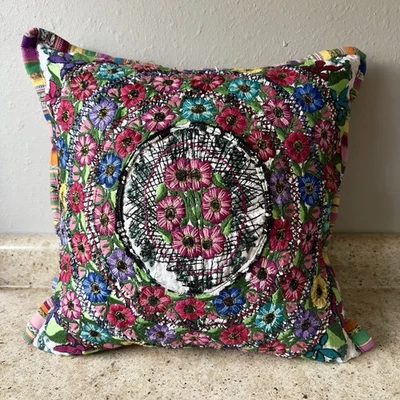 Guatemalan Floral Pillow Huipil 17”x17” Handloomed Bohemian Style Colorful! - Image 1 of 4