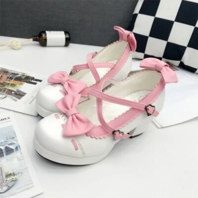 Women Mary Janes Lolita Bowknot Strap Med Heels Block Buckle Strap Cosplay Shoes - Image 1 of 4