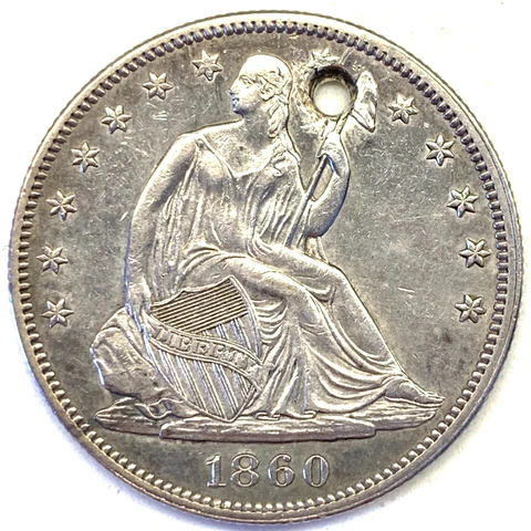 1860 50C Seated Liberty Silver Half Dollar UNC Details: Holed Cover