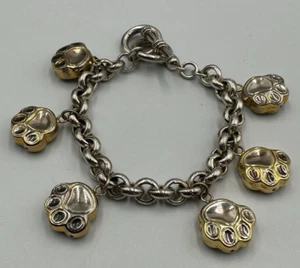 Paw Print Charm Bracelet Two Tone Metal Dog Cat Pet Lover Animal Jewelry 6.5" - Picture 1 of 11