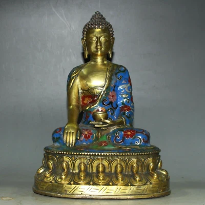 Antigua estatua china de Buda de latón de 21 cm antigua estatua de Buda Cloisonne Sakyamuni Foto 1 de 4