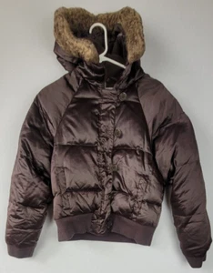 Old Navy Womens Jacket Medium Small Brown Bomber Vegan Fur Hood Down - Picture 1 of 10