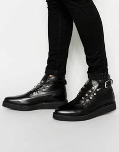 $350 Authentic Rare DIESEL Women's Black Leather Flat Studs Boots Dress Shoes - Picture 1 of 9