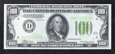 FR. 2152-D 1934 $100 LGS LIGHT GREEN SEAL FRN CLEVELAND, OH CHOICE UNCIRCULATED. - Image 1 of 2