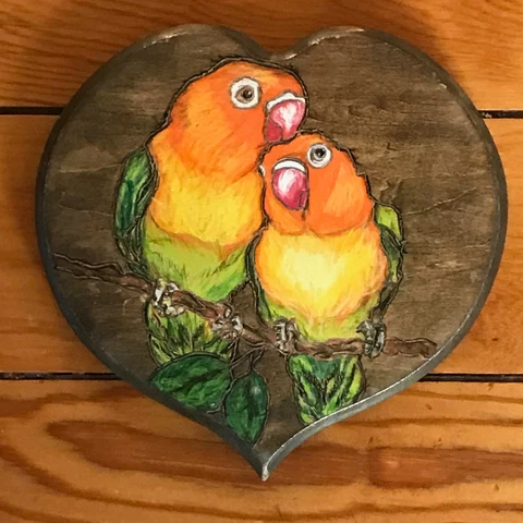 Estate Small Painted Orange Yellow & Green Tropical Love Birds on Wood Heart Sha Cover