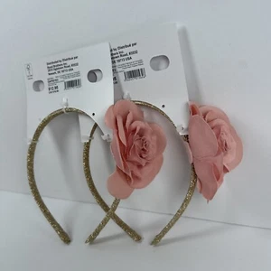 Lot Of 2 Gold Sparkle Pink Flower Girls Headband Hair Accessory Glitter NEW - Picture 1 of 6