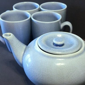 5pc Set Ancien Cordon Bleu BIA Mugs Teapot Oven Safe Blue Crackle Coffee Cups - Picture 1 of 9