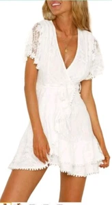 Women White Flutter Sleeve Wrap V Neck Floral Lace Short Dress - Picture 1 of 7