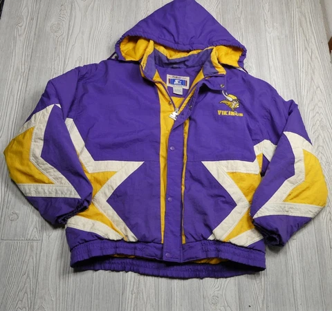 VINTAGE Starter Jacket Minnesota Vikings Full Zip Hooded Coat Size Large 90's Cover