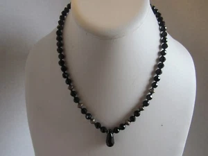 925 STERLING VTG HAND KNOTTED BLACK CRYSTAL BEAD NECKLACE 18" BENCH BEAD ACCENTS - Picture 1 of 5