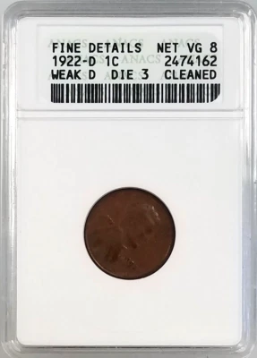 1922 D Lincoln Cent, Weak D, Die 3 certified Net VG 8 by ANACS!  - Image 1 of 4