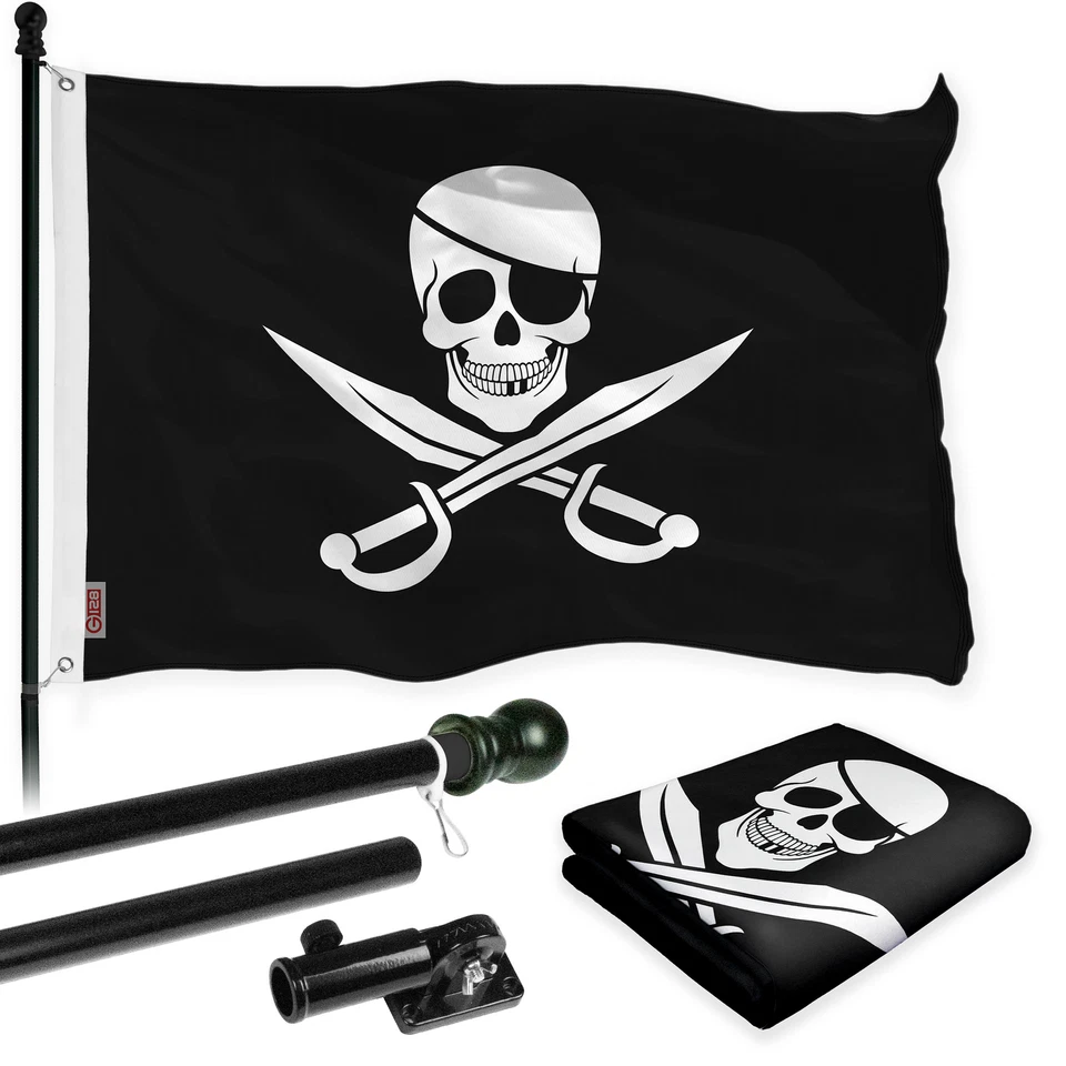 G128 Pirate Swords Flag & Flagpole 6FT Black Pole & 3x5FT 150D Flag