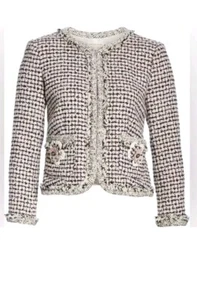 Rebecca Taylor Houndstooth Tweed Cropped 3/4 Sleeve Jacket Size 6 8 Pink & Black - Picture 1 of 10