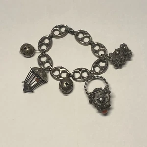 Antique 800 Silver Charm Bracelet 7.5", 45.2 Grams, 5 Charms, Hollow Bracelet - Picture 1 of 12