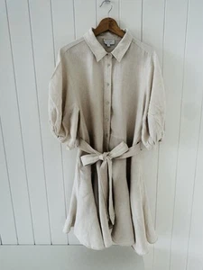 Witchery Linen Shirt Dress Size 18 Beige Pockets Short Puff Sleeve Knee Length - Picture 1 of 21
