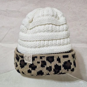 C.C Kids Leopard Print Beanie - White and Tan - Picture 1 of 3