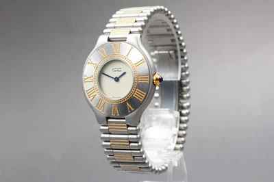 [Exc+5] Cartier Must De 21 relógio feminino aço ouro quartzo de dois tons do Japão - Imagem 1 de 4