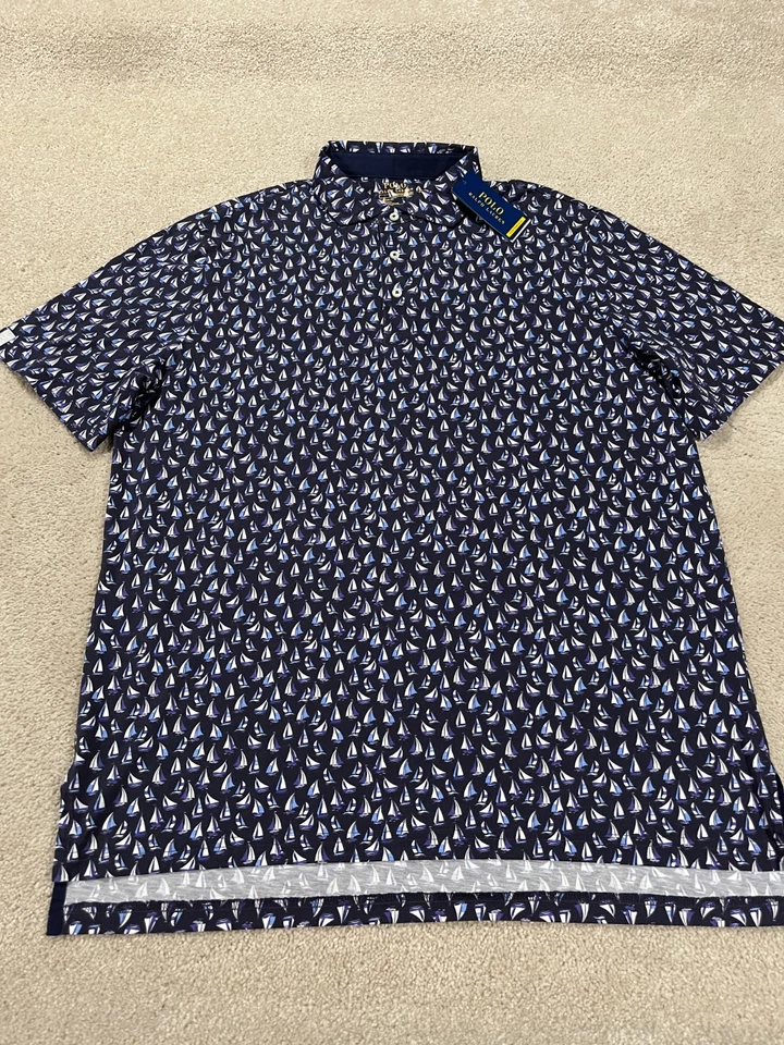 Polo Ralph Lauren Golf Polo Shirt Mens Size L Navy Blue Sailboat Print