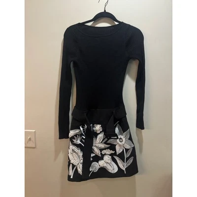 Black Long Sleeve Dress with Embroidered Skirt 100% Cotton Pit-to-Pit 13" XS/S - Image 1 of 4
