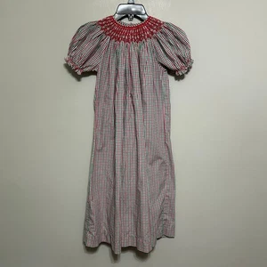 Vintage Girls Dress 8 Long Red Green Smocked Gingham Plaid Holiday Puff Sleeve - Picture 1 of 12