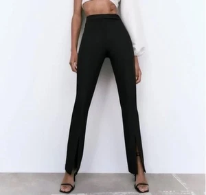 NWT Zara Women’s Split Hem Black Trousers Pants Size Medium Front Seam Modern - Picture 1 of 14