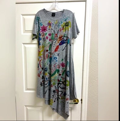Inoah Asymmetrical Hem Midi Dress Sz L Art to Wear Ocean Sea Abstract Pocket NEW - Image 1 of 4