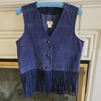 Vintage DM Sportswear Womens Long Fringe Blue Suede Vest, Boho Hippie, Size S - Image 1 of 4