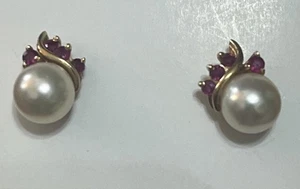 Estate 14K Gold Pink Ruby & Pearl Earrings - Picture 1 of 5