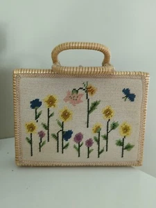 Vintage Woven Coated Wicker Floral Needlepoint Handbag Purse MCM Hong Kong - Picture 1 of 20