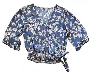 Sienna Sky Blouse Top Women's S Gray Floral 3/4 Sleeve Elastic Tie Cropped Waist - Picture 1 of 13