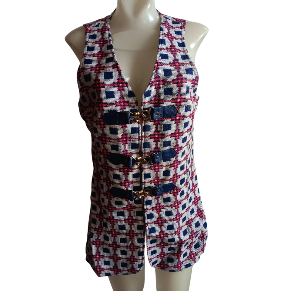 Vintage Large Women's 1960's Sleeveless Long Vest Hook Eye Closure Geometric Mod - Image 1 of 4