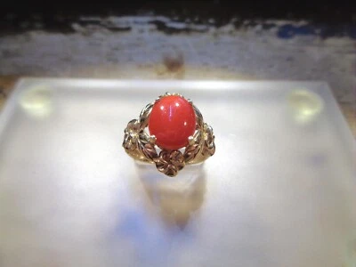 ANILLO HAWAIANO 4 PLUMERIA MAILE CORAL ROJO NATURAL ORO AMARILLO 14K 19 MM 7,25 #1 Foto 1 de 4