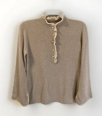 Cortland Park Cashmere Sweater Beige Ruffle Neck Pearl Buttons Sz M Coquette - Image 1 of 4