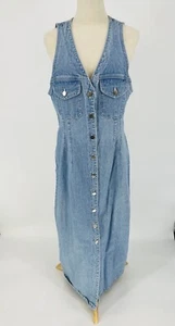 Vintage Denim Overall Maxi Dress Large Stonewashed Faded  1980’s Full Button - Picture 1 of 7
