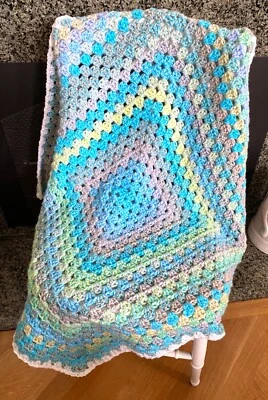 Handmade Crochet Granny Square Blanket Afghan Wrap Chunky Baby Blue Multi 33x33" - Image 1 of 3