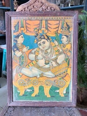 Antigua litografía hindú de colección impresión del Señor Krishna forma infantil con marco de madera Foto 1 de 4