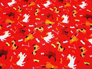 Hundedecke Stoff 1 Yard SALE Welpe Hund jagt Bälle Knochen auf orange Baumwolle #PC - Bild 1 von 2