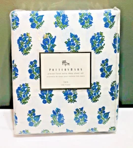 Pottery Barn Blue Twin Floral 18" Deep Sheet Set 100% Cotton Israel New Sealed - Picture 1 of 14