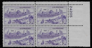US Scott #994, Plate Block #24205 1950 Kansas City 3c FVF MNH Upper Right - Picture 1 of 1