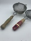 Wire Mesh Strainers Green/ Red Chippy Painted Wood Handles Country Decor Vintage