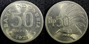 INDONESIA Cobre-Níquel 1971 50 Rupias Greater Bird aUNC KM# 35 (22 995) - Imagen 1 de 3
