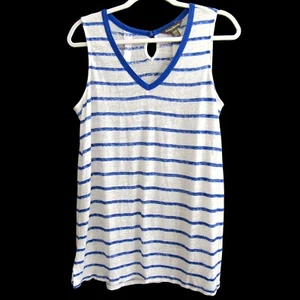 Tommy Bahama White Blue Stripe 100% Linen Tank Top Womens Size M Nautical Beach - Picture 1 of 8