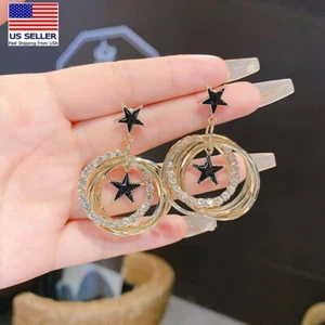 Women Crystal Retro Earrings Stars Tassel Multiple Hoop Bling Ins Stud 0499 - Picture 1 of 5