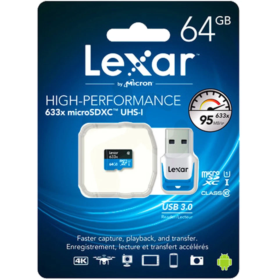 Lexar 64GB 633x 95MB/s Micro SDXC MicroSD Class10 UHS-I USB3.0 Card Reader GoPro - Image 1 of 1