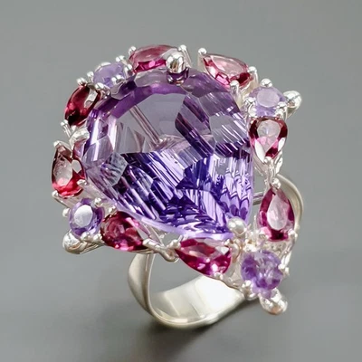 Anel de ametista natural feito à mão 19 quilates prata esterlina 925 tamanho 7,5 /R423121 - Imagem 1 de 4