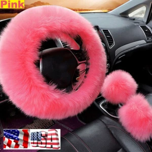 Cubierta de volante borrosa de lana larga de piel de oveja australiana de invierno para automóvil 3 piezas rosa - Imagen 1 de 10